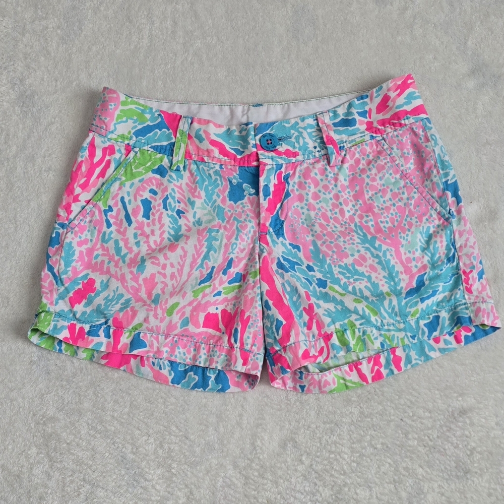 Lilly Pulitzer Callahan Shorts Turquoise "Let's Cha Cha" Print Size 0 (30 x 5)